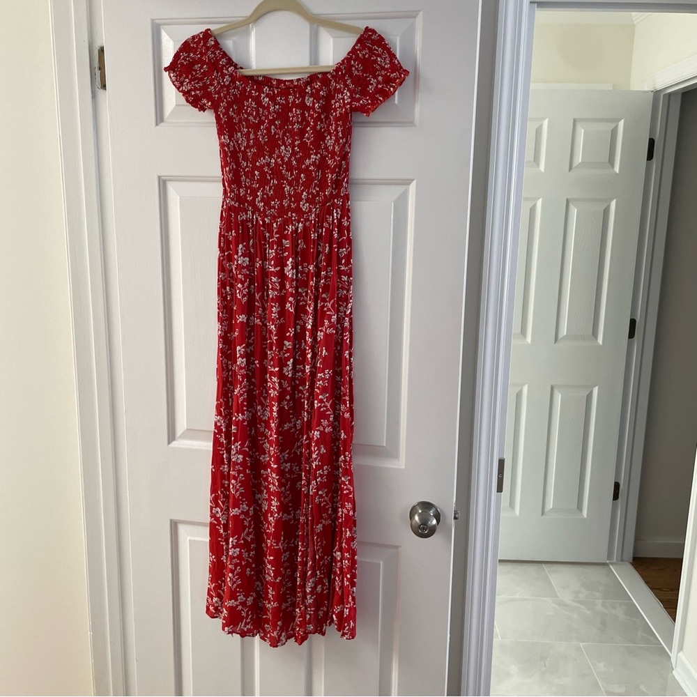 Off the Shoulder Smocked Floral Red Dress with Double Slit